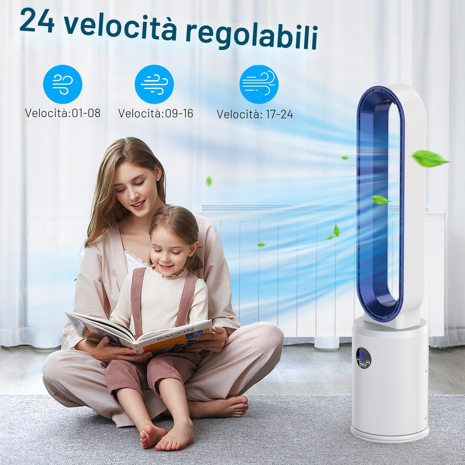 YAZEKY Ventilatore a Torre Senza Pale,Ventilatore a Colonna Silenzioso con Telecomando,3 Velocità,Oscillazione 60°,Display LED,Timer 8 Ore,97 cm Ventilatore Potente per Ufficio,Soggiorno,Bianco 70 m²
