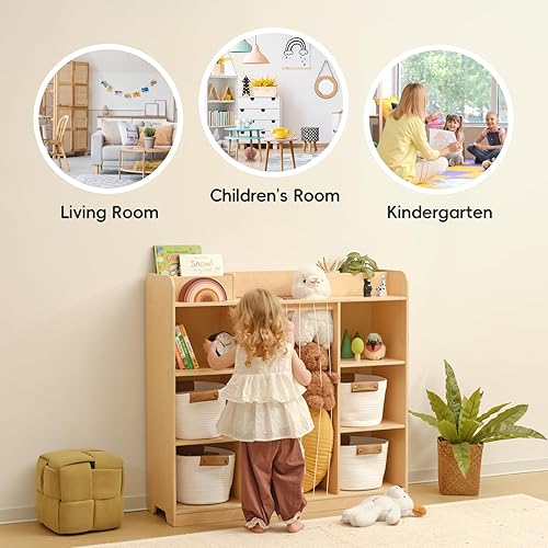 Miniatura 8 de OOOK Almacenamiento de animales de peluche, organizador de almacenamiento de cubos de 3 niveles, estante de juguetes Montessori, estantería para