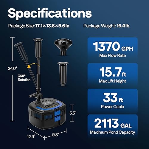 Miniatura 8 de VIVOHOME 4-in-1 Pond Filter System Kits, 1370 GPH Water Pump with Filter, Fountain and 13W Light Combo for Ponds up to 2113 Gallons