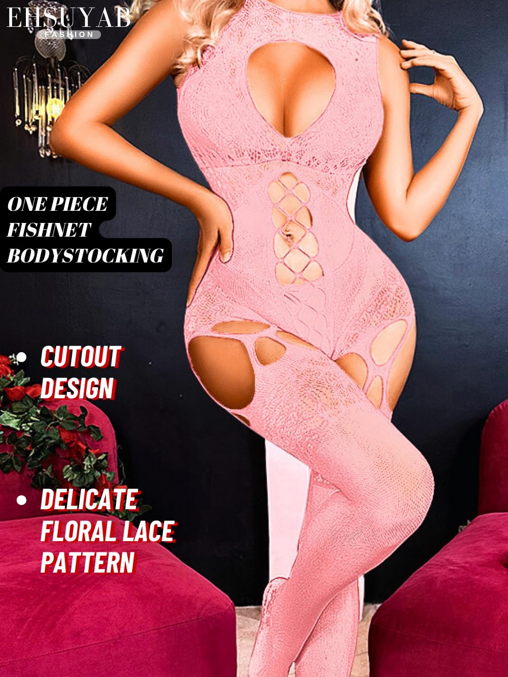 EHSUYAB Women Body Stockings Sexy, Exotic Dancer Fishnets Lingerie Glow Party, Fishnet Bodysuit Rave Outfits Club Plus Size: Light Pink