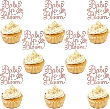 20Pcs A Little Wildflower Is on the Way Decorations Blooming Baby Cupcake Topper Rose Gold Glitter