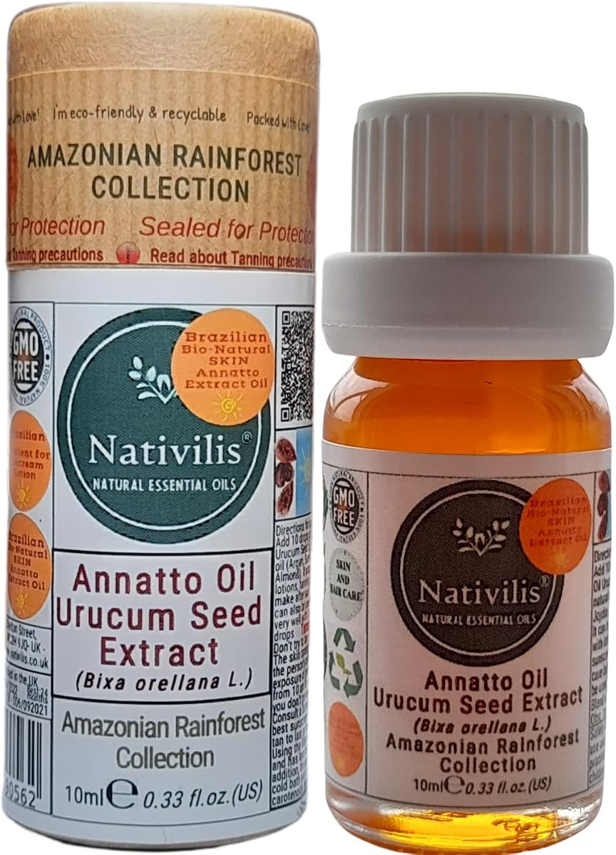 Nativilis Extracto de semilla de urucum amazónico Aceite de achiote (Bixa orellana L.) Emoliente para loción de crema solar | Propiedades de protección contra los rayos ultravioleta – Aceite bronceador brasileño bionatural para la piel - Beneficios de Copaiba