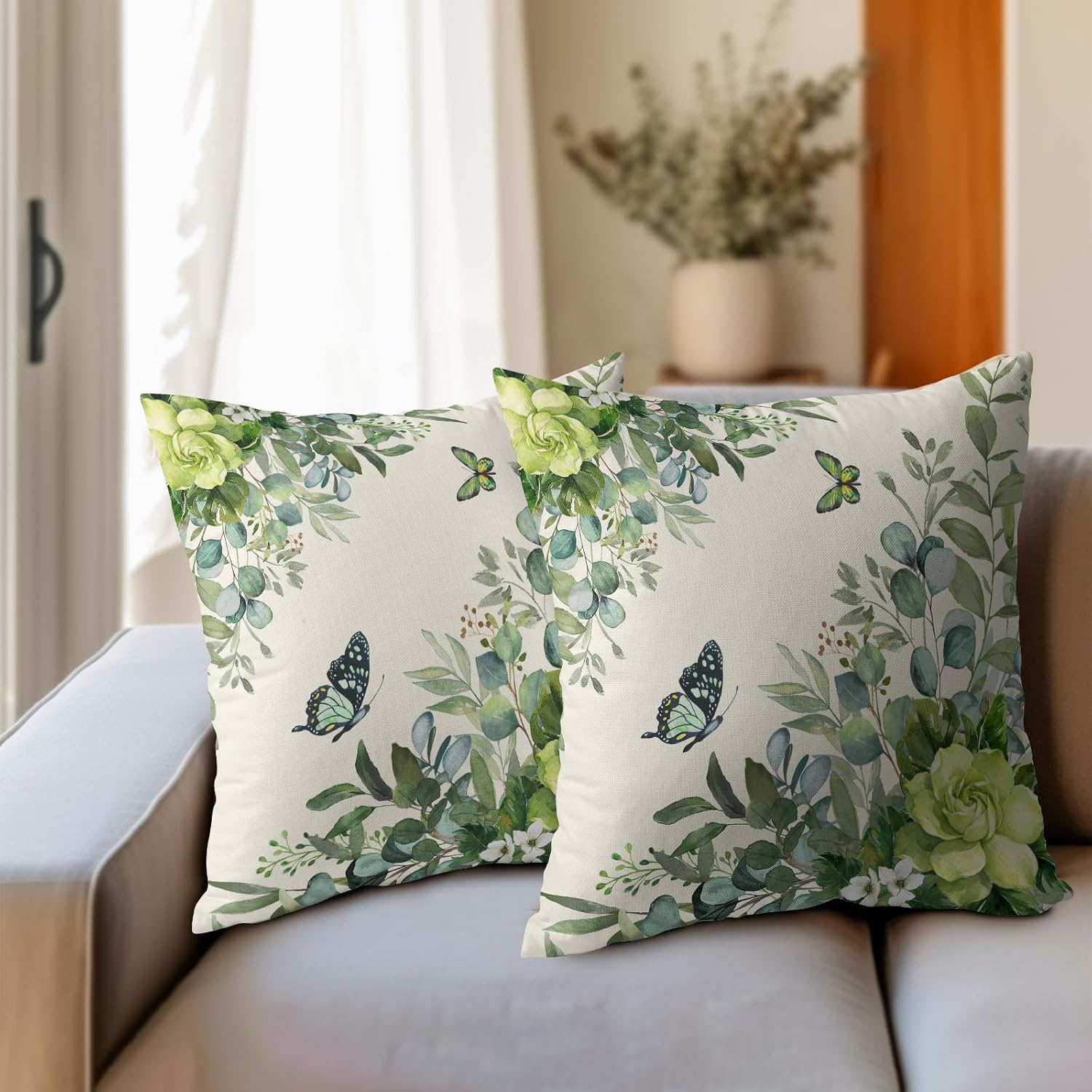 Spring Pillow Covers 24x24 Set of 2 Green Floral Throw Pillow Covers Rustic Pillowcase Linen Decoration Farmhouse Soft Decorative Summer Cushion Case Couch for Indoor Outdoor Home Decor