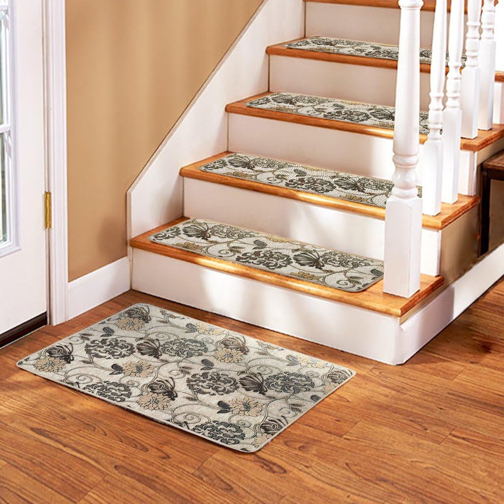 Seloom Stair Treads Carpet Non Slip Stair Rugs/Runner with Non Skid Rubber Backing for Indoor Wooden Steps.((25.5×9.5In,13pcs+Landing Mat), Beige)
