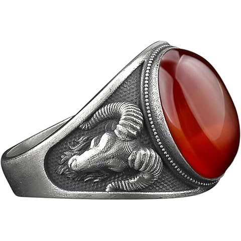 BySilverStone - Tiger's Eye Gemstone Zodiac Ring in Sterling Silver with Ram Head for Men, Aries Signet Wedding Ring, Oxidized Horoscope Rings, Spiritual Gift Jewelry for Birthday