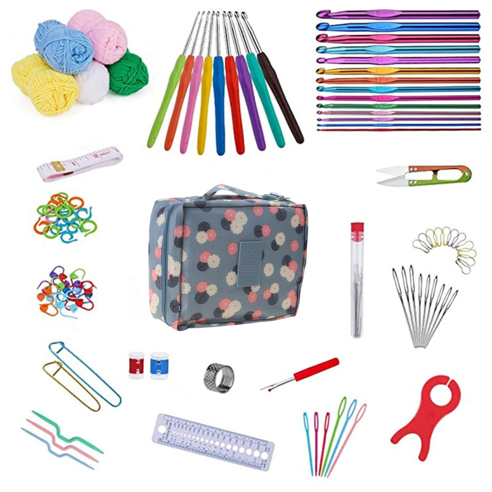 Ensemble de 107 crochets avec étui de rangement, accessoires de tricot, aiguille à crochet ergonomique pour la fabrication de sacs, gants, chaussettes, outils pour débutants, outils et accessoires de