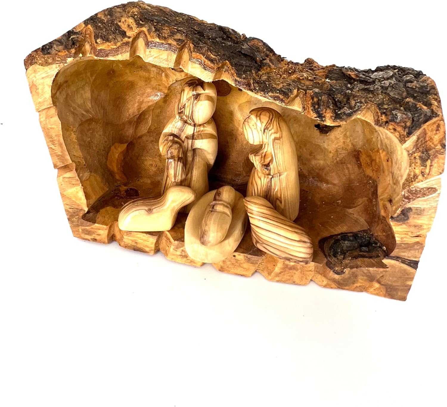Holy Land Nativity Scene, Olive Wood Nativity Carved Inside an Olive Tree Branch, Nativity Christmas Decorations, Holy Family Nativity Set, Wooden Manger Scene (Figurines and Cave)…