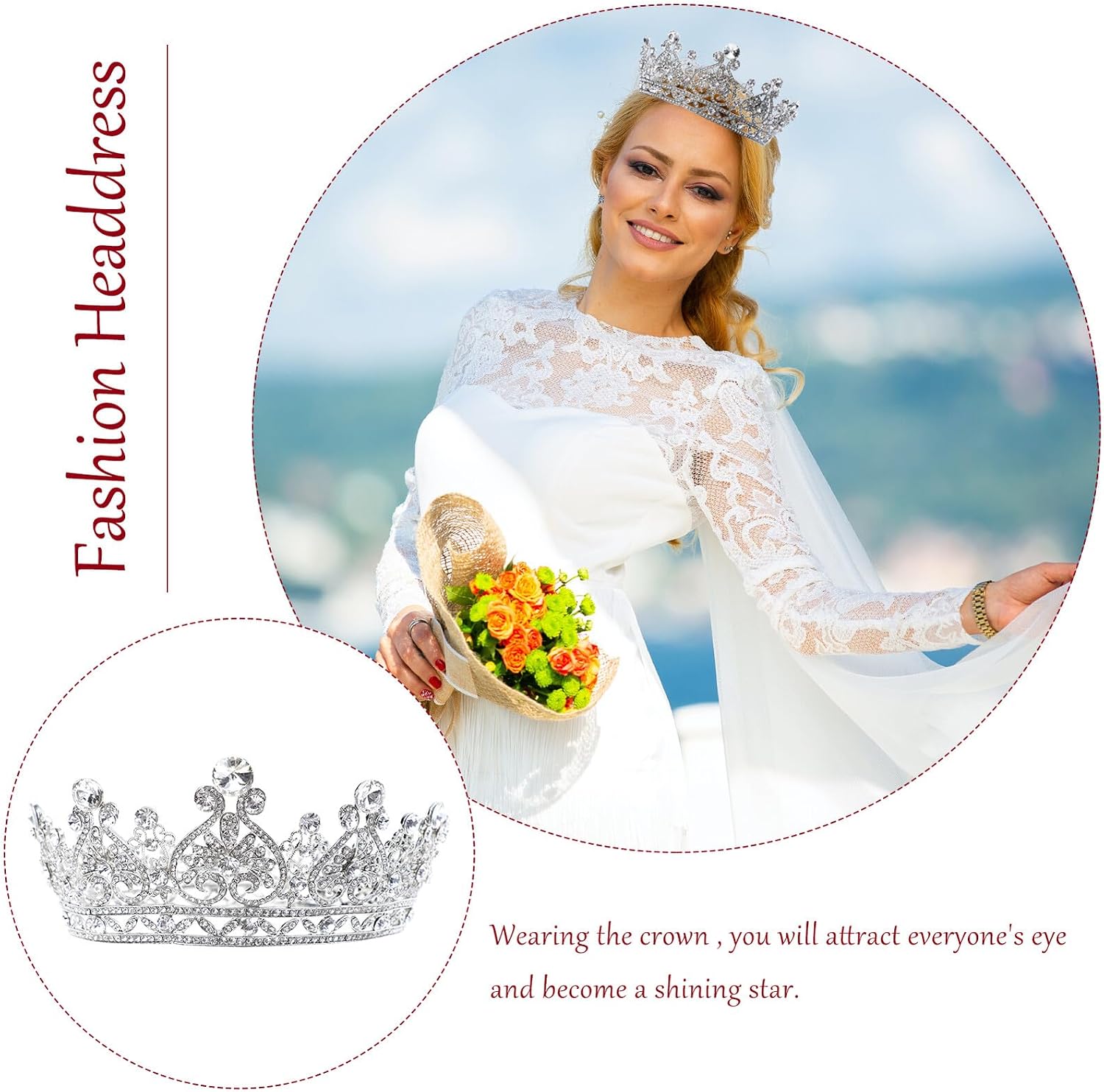 YARNOW Baroque Retro Silver Wedding Hair Accessory Bride Crown Tiara Delicate round Headdress for Bridal Party and Ceremony