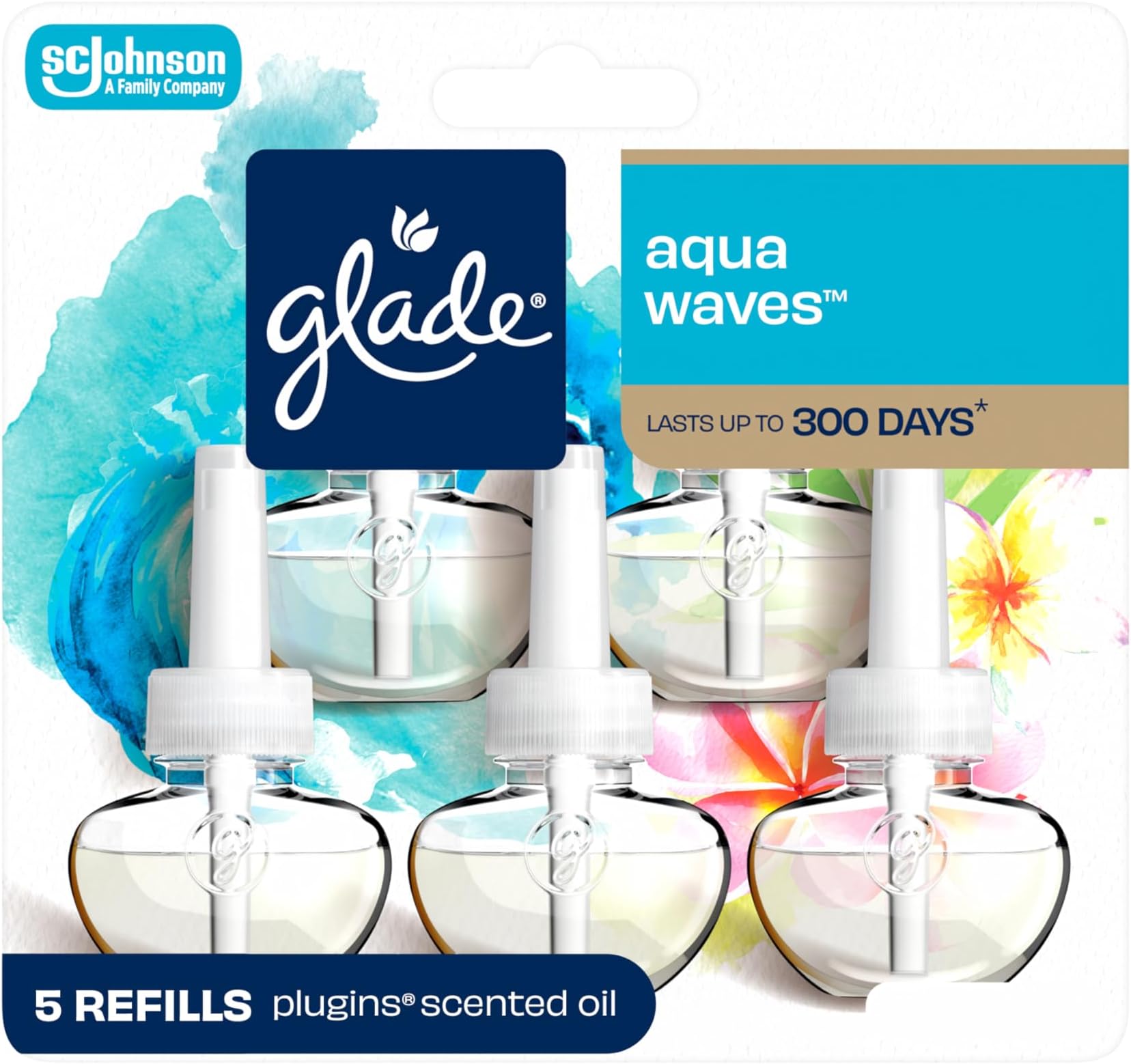 Glade PlugIns Refills Air Freshener, Scented and Essential Oils for Home and Bathroom, Aqua Waves, 3.35 Fl Oz, 5 Count