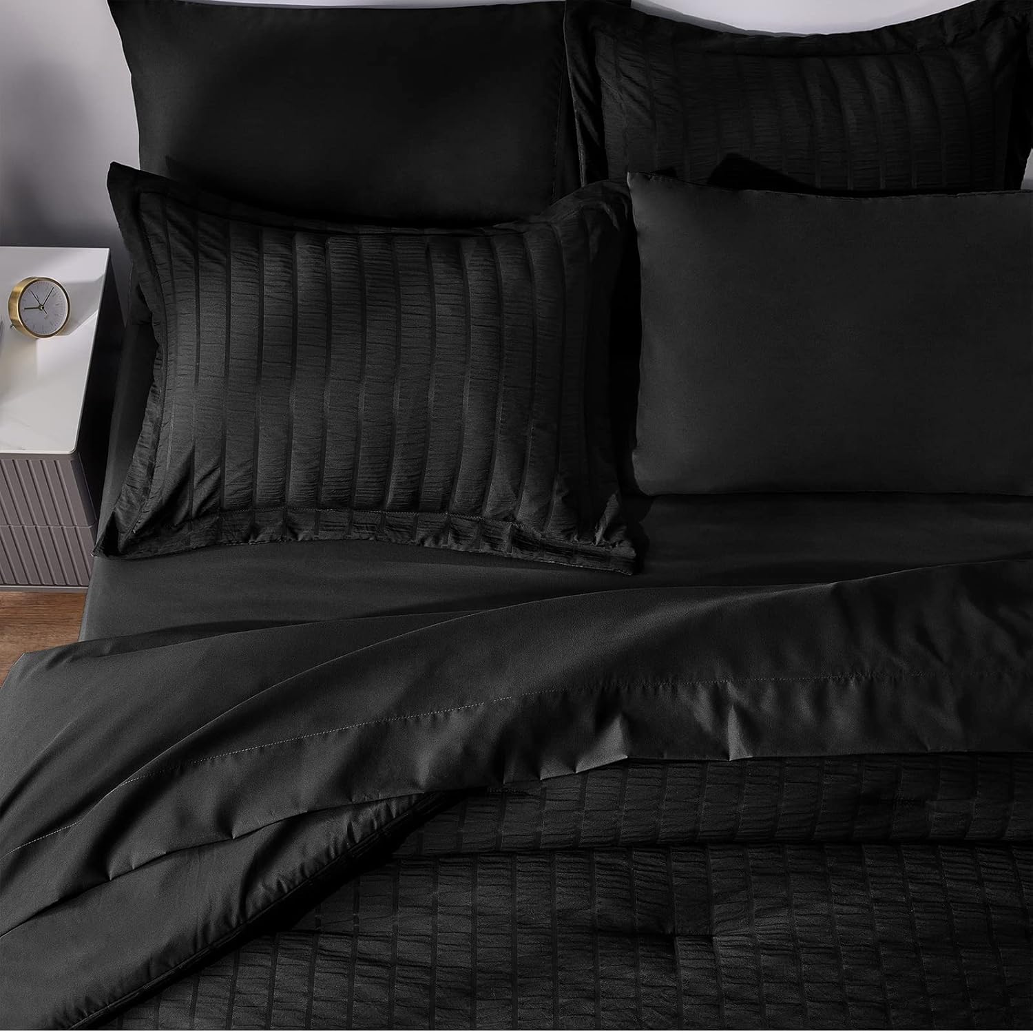 CozyLux Queen Seersucker Comforter Set with Sheets Black Bed in a Bag 7-Pieces All Season Bedding Sets with Comforter, Pillow Sham, Flat Sheet, Fitted Sheet, Pillowcase : Home & Kitchen