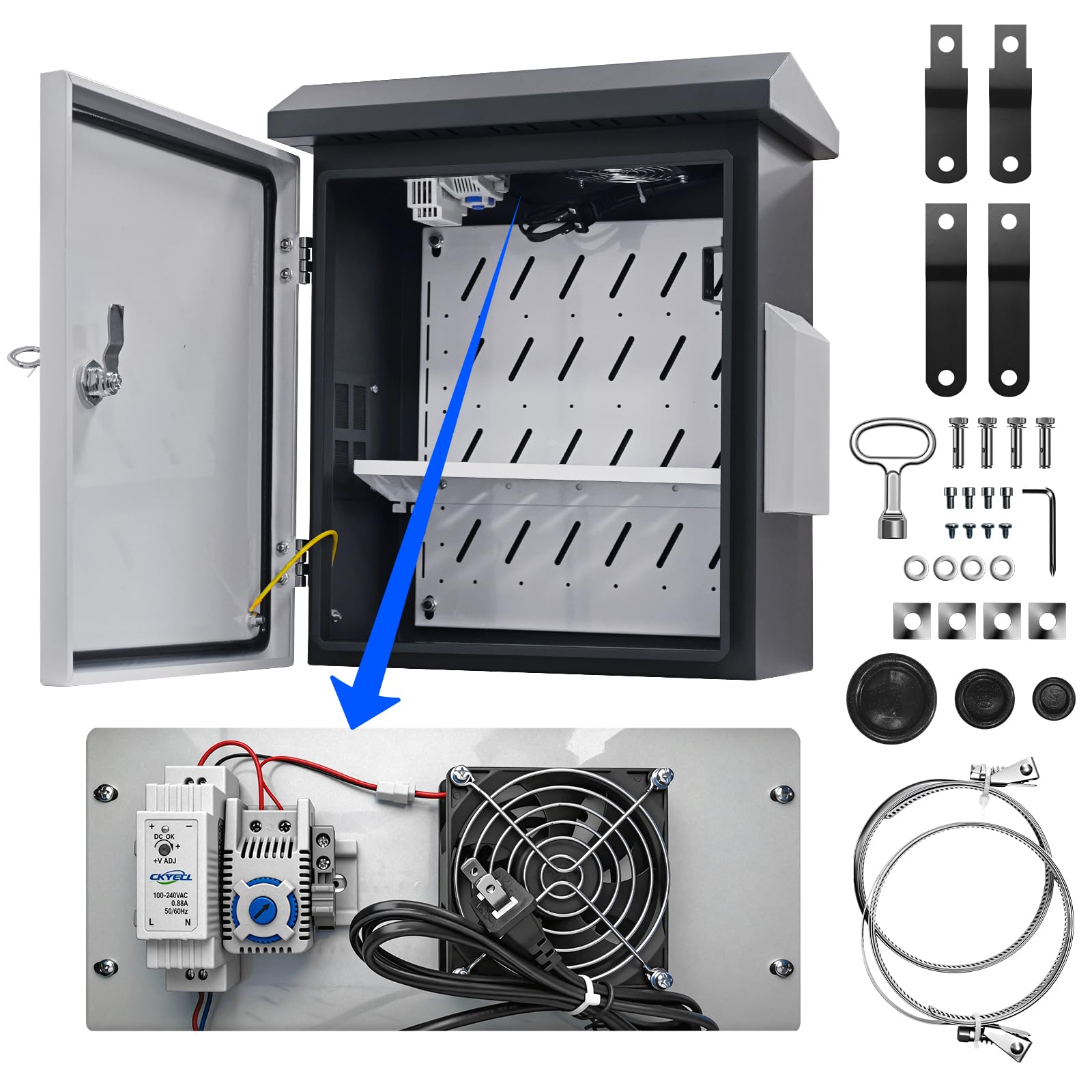 Photo 1 of POOAMY Lockable Electrical Enclosure Box, 15.7"x13"x7.1", IP65 Waterproof Metal Junction Box with Thermostat and Cooling Fan, Outdoor Electrical Box with Internal Mounting Plate, Grey & White