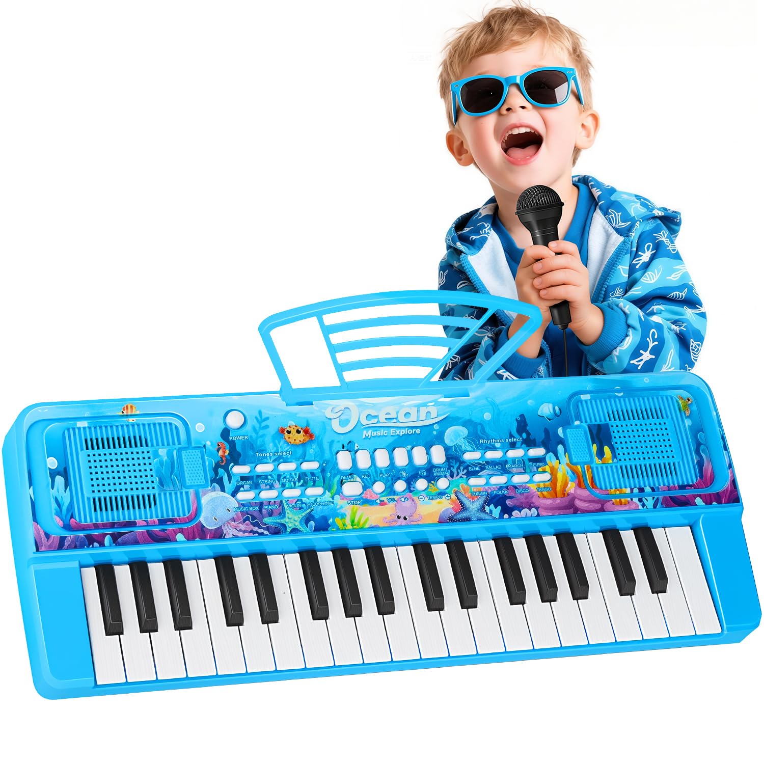 37 Keys Kids Piano Keyboard with Microphone Music Stand for 3 4 5 6 - Blue