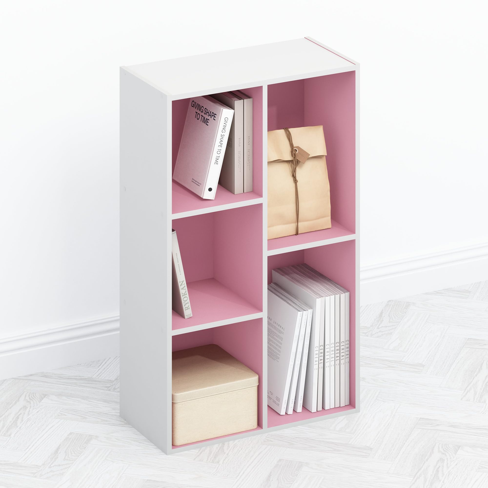 Furinno TOMI TV Stand, 5-Cube Entertainment Center with Open Shelf, Reversible TV Console, for Living Room, Bedroom, Home Office, Pink