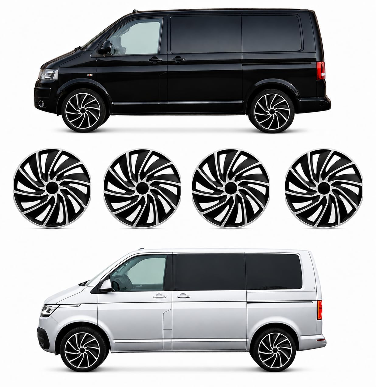Premium Radkappen 17 Zoll gewölbt kompatibel mit VW T5 T6 T6.1 Stahlfelgen in Schwarz-Silber-Matt 4er-Satz gewölbte Radzierblenden Radblenden Raddeckel Radabdeckungen Zierblenden Zierkappen 4er-Set