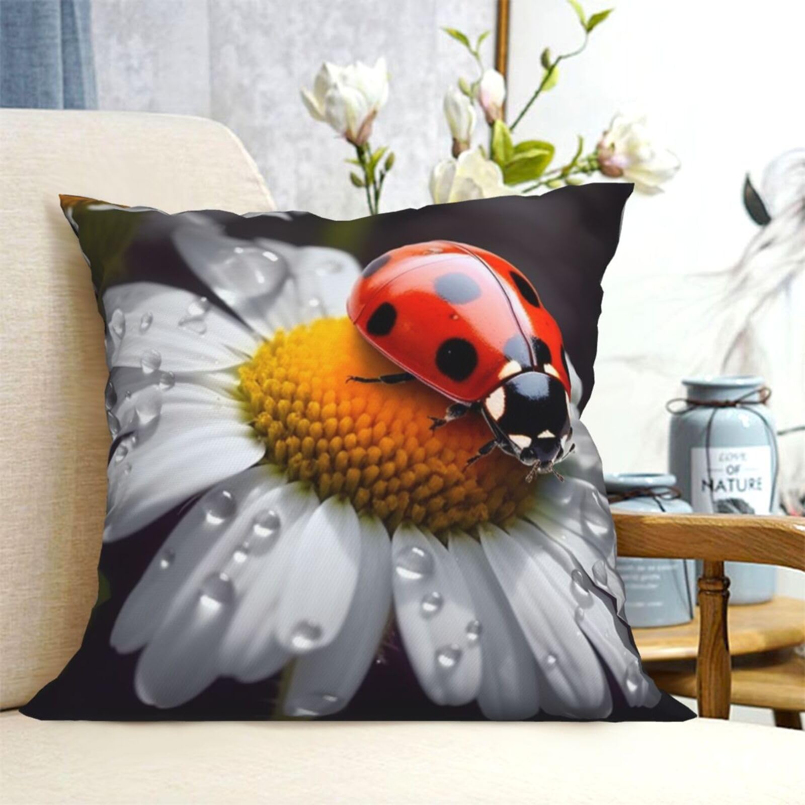 Fodpand Black Decorative Throw Pillow Covers 18"X18" Ladybug On Daisy Flower Cushion Cases Square Modern Farmhouse Pillow Cases Soft Cozy Cushion Covers For Couch Sofa Bedroom Home Decor Pillowcase