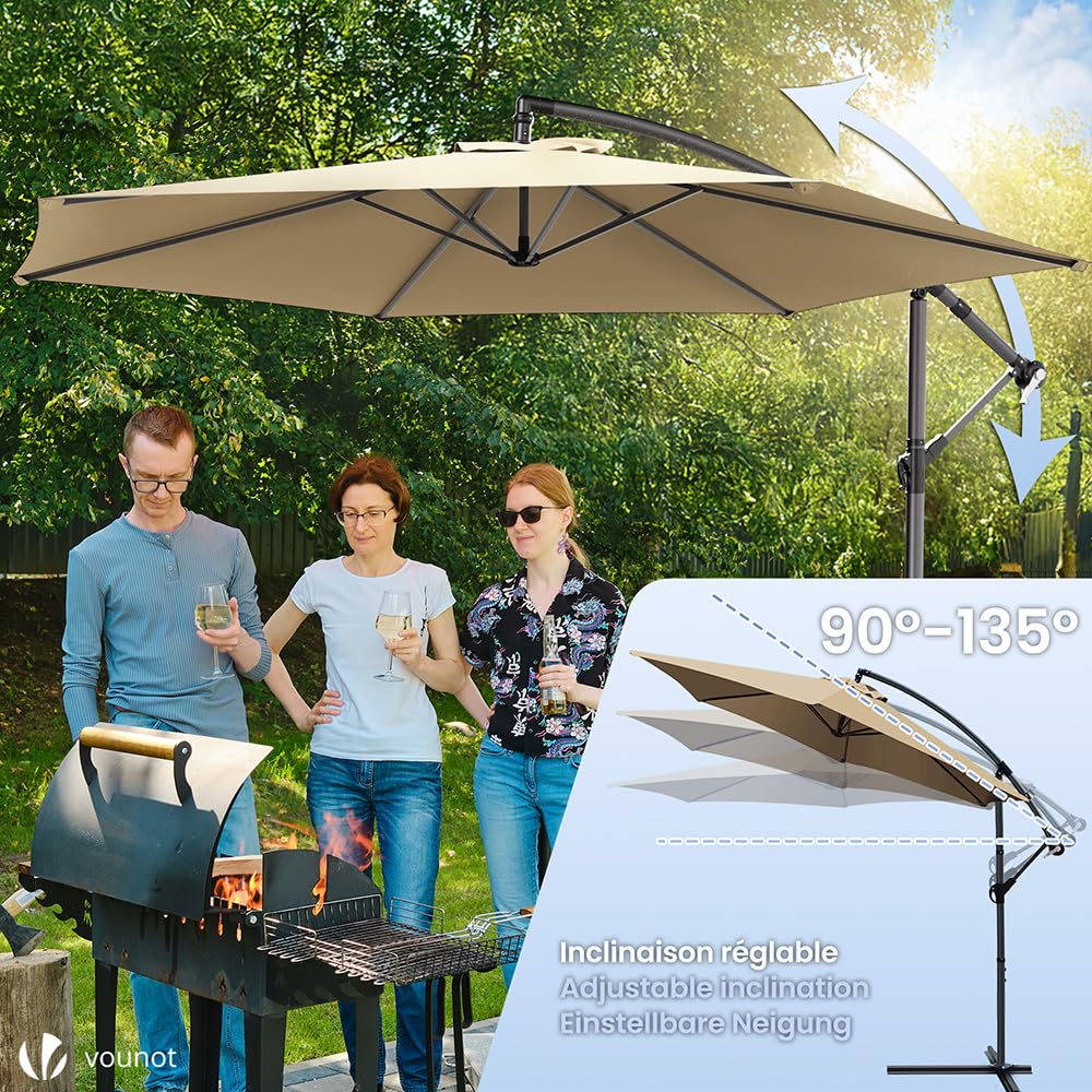 VOUNOT® 300 cm Parasol Excentrico, Sombrilla de Jardín con Manivela y Funda Protectora, Protección UV, Caqui