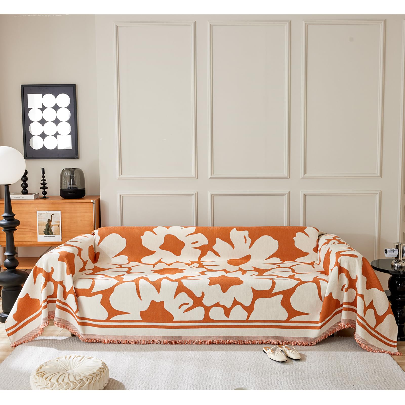 HNTYSM Nordic Floral Pattern Chenille Throws for Sofas Large, Soft Sofa Throws Sofa Cover 3 Seaters Assorted Size Sofa Protector Living Room Decoration Sofa Throw Blanket (180X280cm, orange)