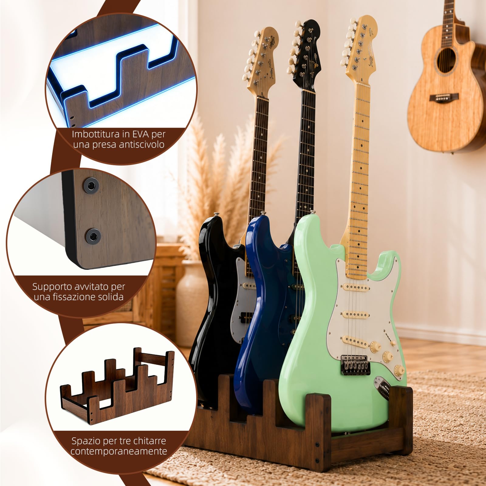 Supporto per chitarra in legno per 2 chitarre elettriche + 1 acustica | Legno massello, livelli scalati, ampia rientranza per chitarra acustica, imbottitura, antiscivolo, risparmio spazio