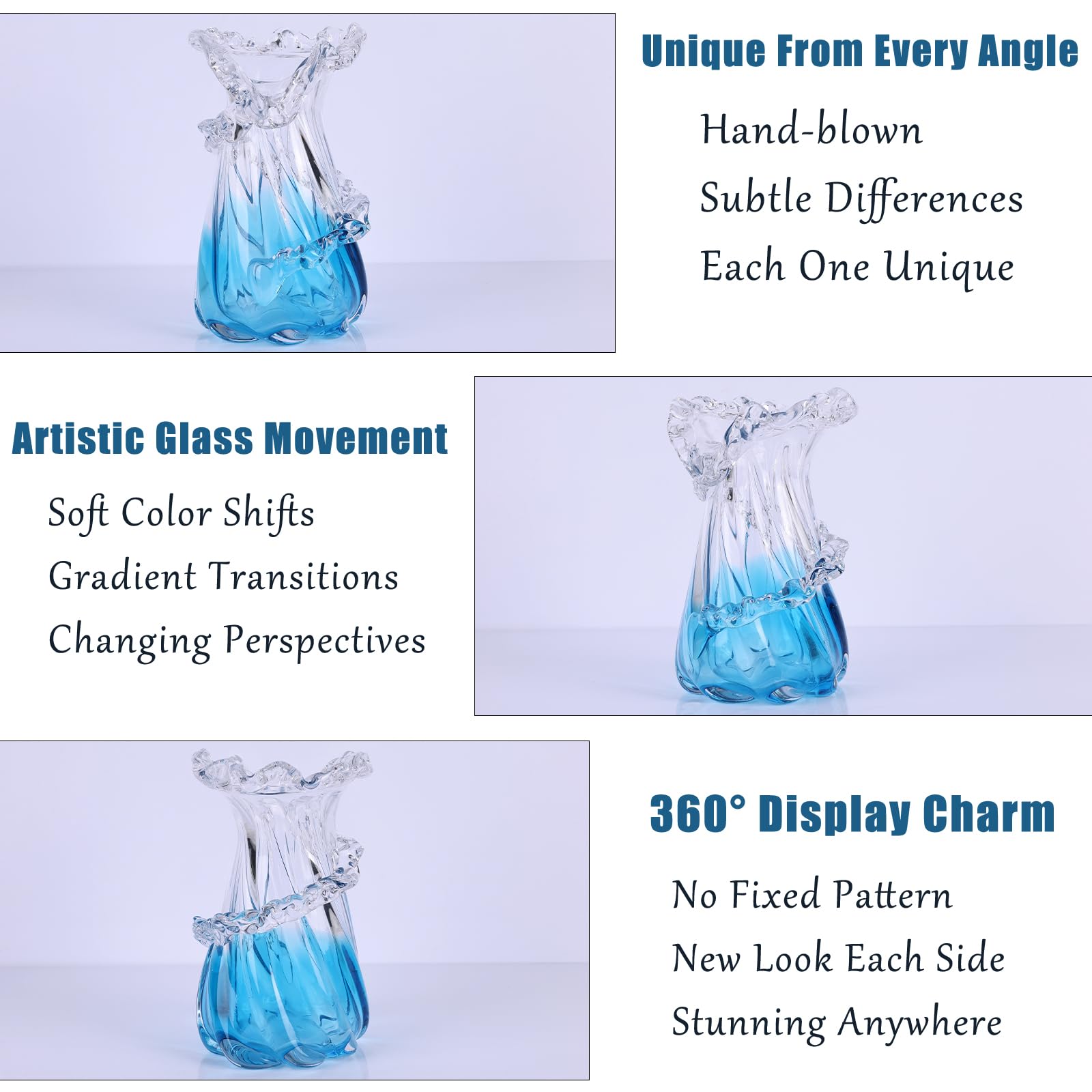 Vase en verre soufflé bleu, unique pièce artistique en verre ondulée océan pour décoration de maison côtière, table basse, table de console de salon, manteau de cheminée (Petit)