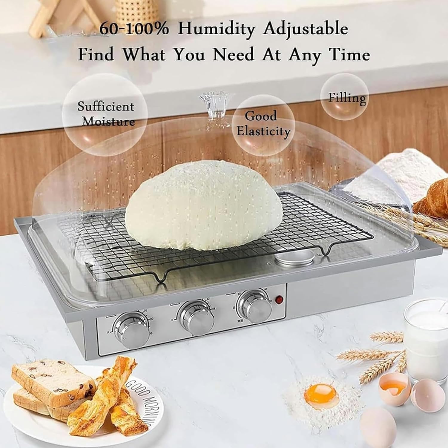 Electrical Fermentation Machine for Dough, Fermentation Box for Bread with Adjustable Moisture and Temperature, Stainless Steel Lining, Transparent and Visible, to Make Bread, Yogurt, NAT