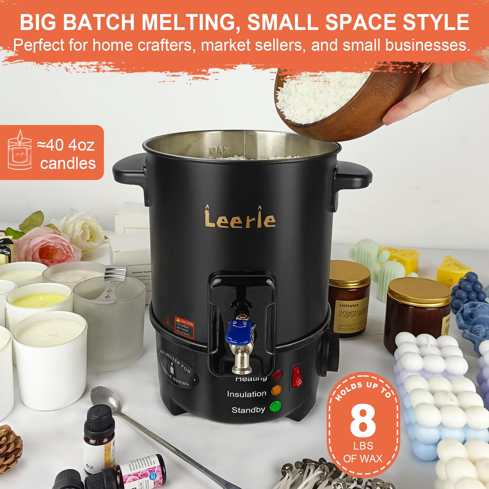 Leerie M4 - Melter de cera de 8 libras para hacer velas, boquilla de latón con núcleo de calefacción y control de temperatura, sin obstrucciones, fácil de limpiar, olla de fusión eléctrica de cera