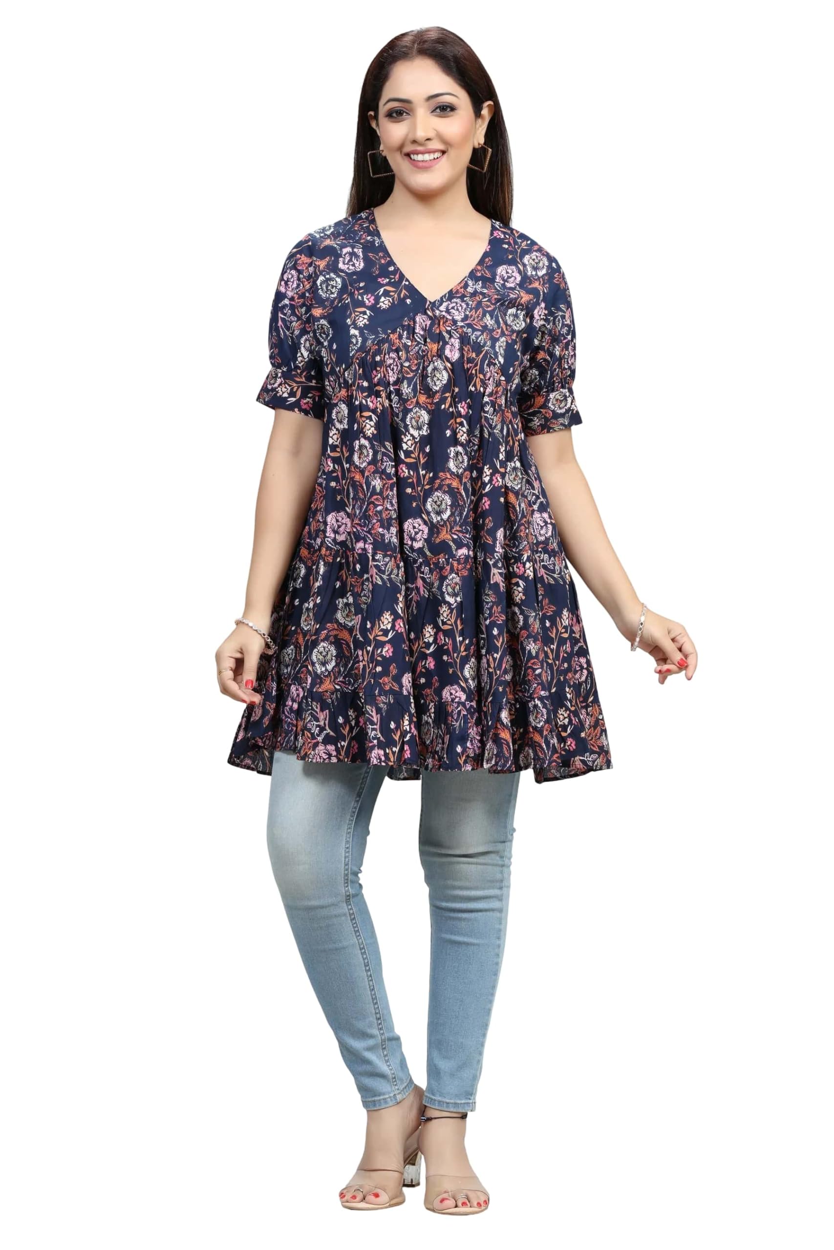 cotton culture Navy Blue Jaipuri Cotton Flared Printed Kurta-picture-41