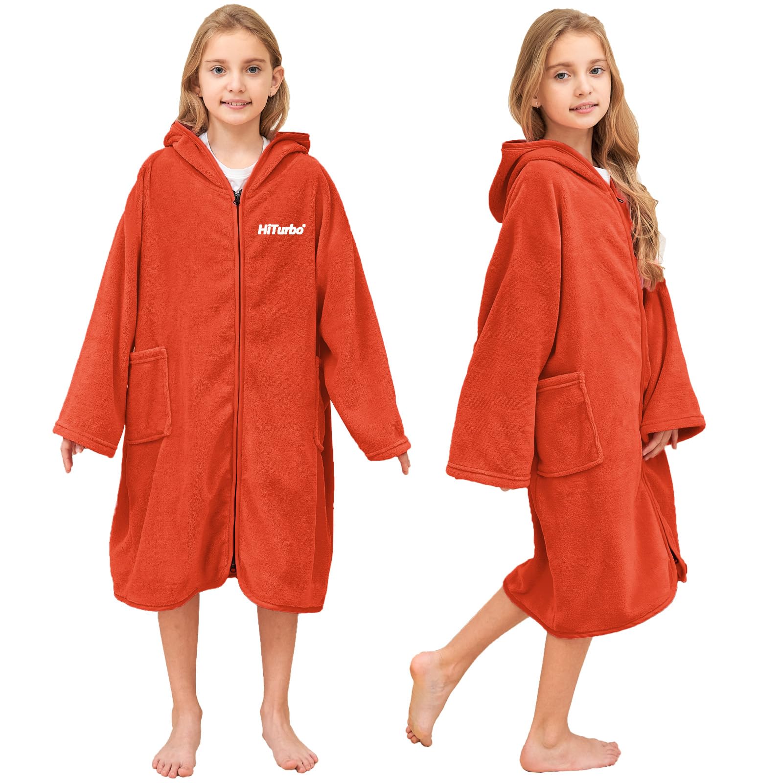 Hiturbo Kids Bath Towel Hoodie: Soft Plush Zipper Surf Poncho - Warm Fleece Changing Towels Swimming Outerwear (Orange)