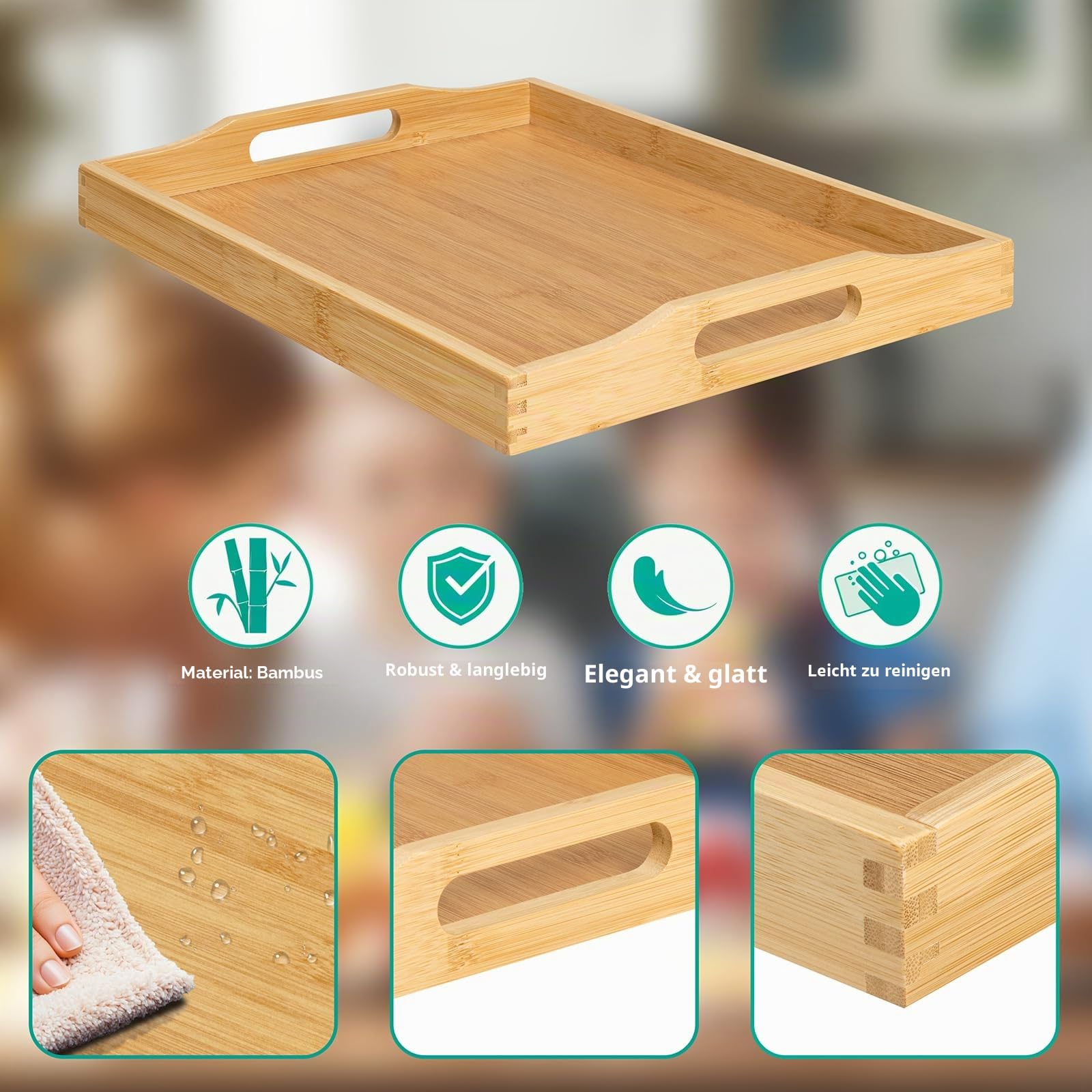 RRX Bambus-Serviertablett mit Griffen, Betttablett für Lebensmittel (Beige) | Holzschale für Tee, Snack, Abendessen, Home Dekorative Lagerung Lebensmittel, Teller,Ottoman für Küchenteller, Badezimmer