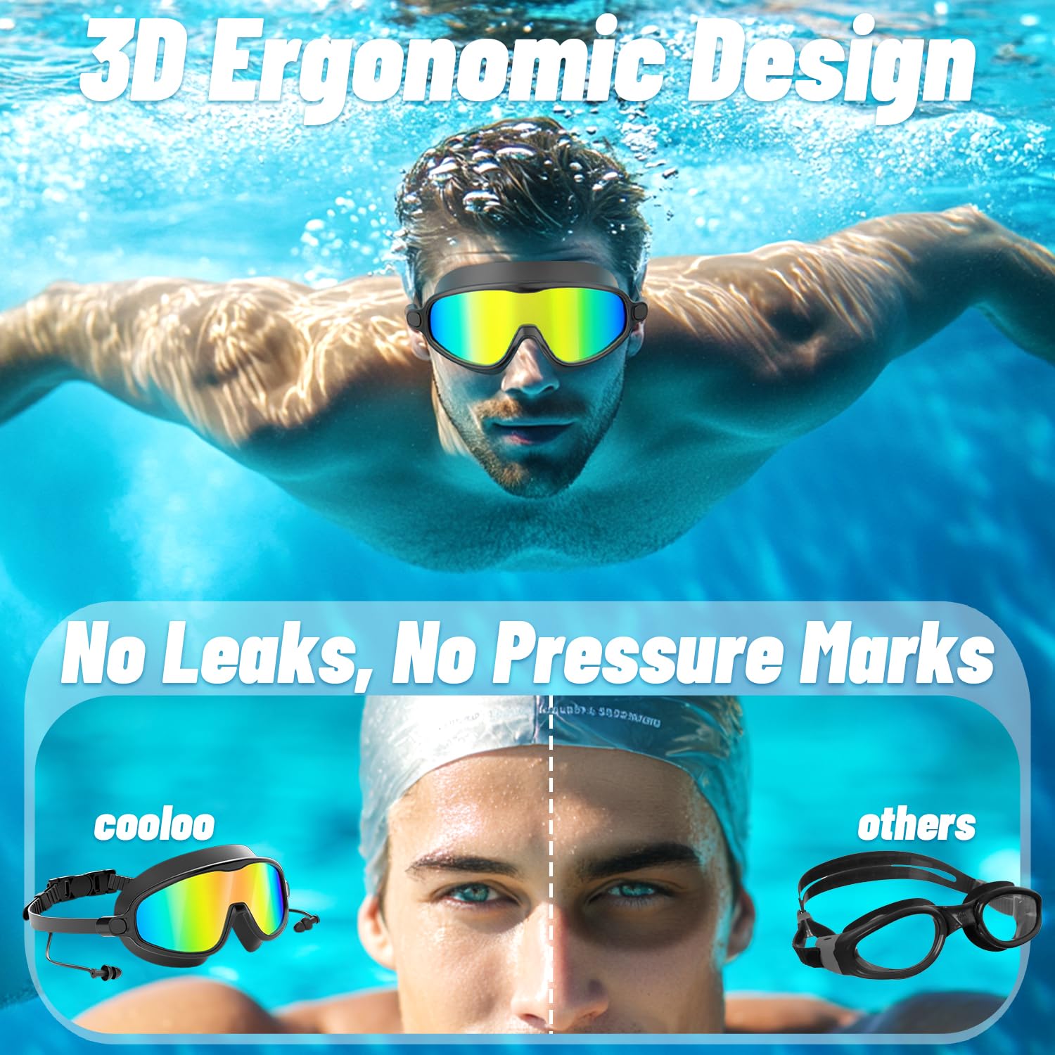 COOLOO Gafas de natación, paquete de 2 gafas de natación de visión amplia para hombres, mujeres y jóvenes | Sin fugas, antivaho, anti-UV, sin enganches de cabello, tapones para los oídos de una sola pieza, diseño ergonómico 3D