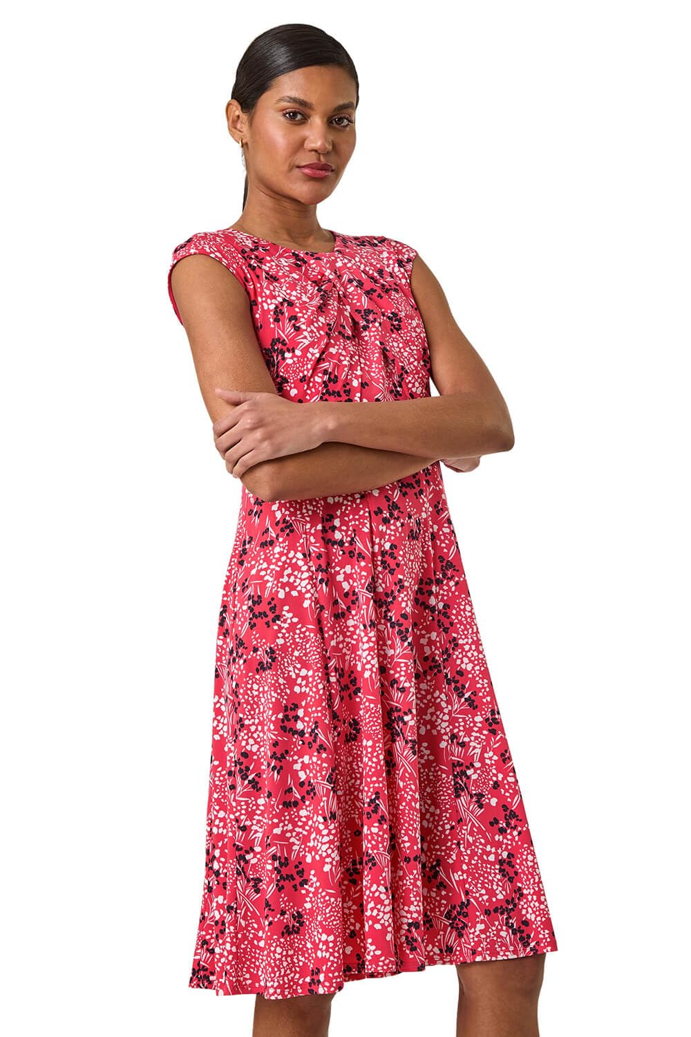 Roman Originals Ditsy Floral Keyhole Twist Dress for Women UK - Ladies Everyday Holiday Spring Summer Round Neckline Comfy Soft Evening Vacation Work Party - Coral - Size 12