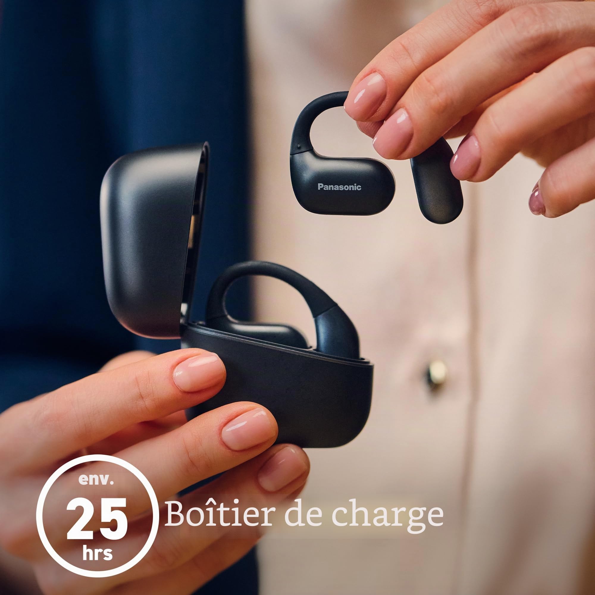 Panasonic RB-F10DE-K Écouteurs Oreilles Libres sans Fil Sport, Écouteurs Bluetooth avec Microphone ENC, 25 Heures d'Autonomie, Bluetooth 5.4, IPX4, Commandes Tactiles, Noir