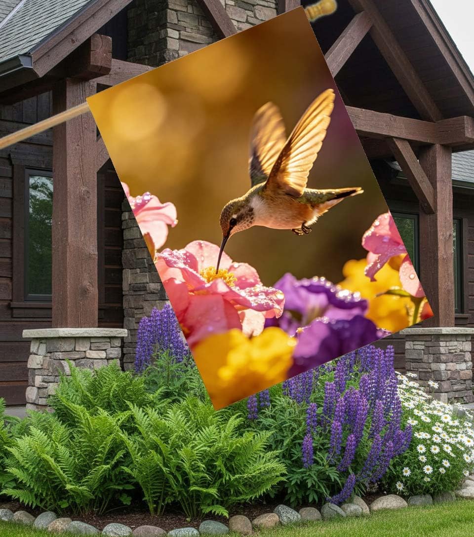 Hummingbird Bird And Pink Spring Summer Flowers Seasonal Nature House Flag 28 x 40 Inch, Double Sided Large Garden Yard Welcome Flags Banners for Home Lawn Patio Outdoor Decor