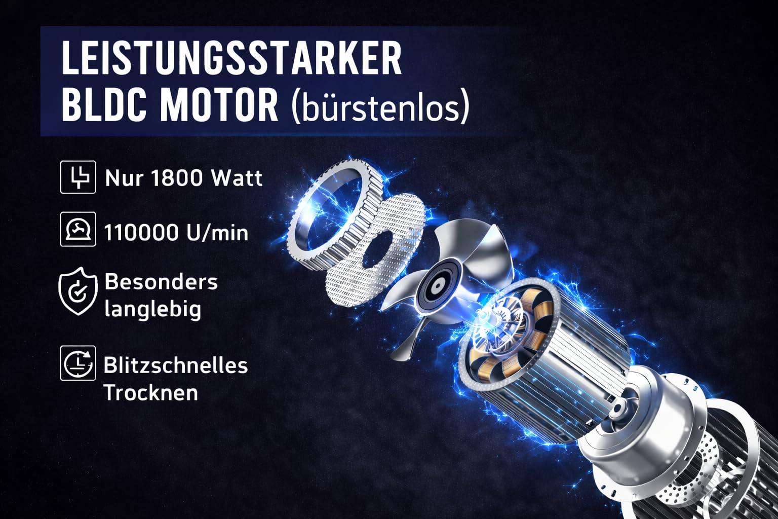 Rotschopf24 Efalock FANTASYA High Speed Haartrockner, Ionen Föhn + Tasche | 1800 W, Brushless-Motor, 4 Temperatur- und 4 Gebläsestufen, 29,7 l/s Luftdurchsatz mit Diffusor und Düsen.