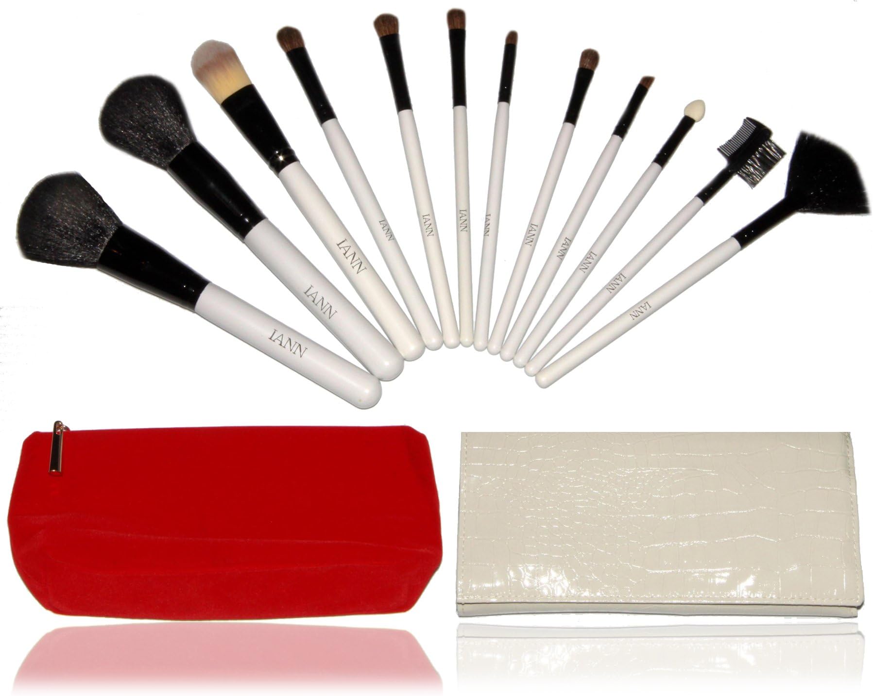 Limited Time Sale! Makeup Brush Set -14 Piece Trending White and Black Color Cosmetic Set by Iann - With Luxurious Travel Case and Extra Red Velvet Bag - Affordable, Professional Eye Make Up Brushes - Best Value Makeup Brush Kit - Quality Beauty Tools - Eye Brush Collection - Look Great Today -Natural and Synthetic Hairs with Information on How to Identify and Use Your Brushes- 30 Day Guarantee