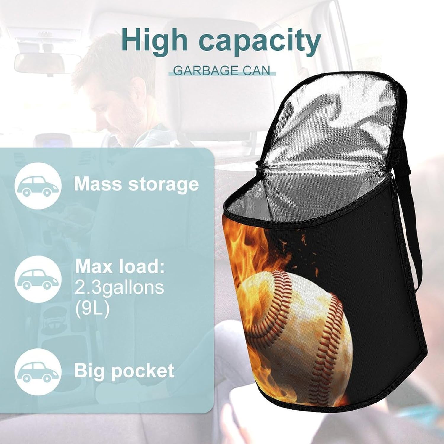 MUSM Leakproof Car Trash Can 2.5 Gallon, Durable Automotive Garbage Bag with Waterproof Liner, Fire Baseball Trash Bag for Car, Truck, RV & Bathroom