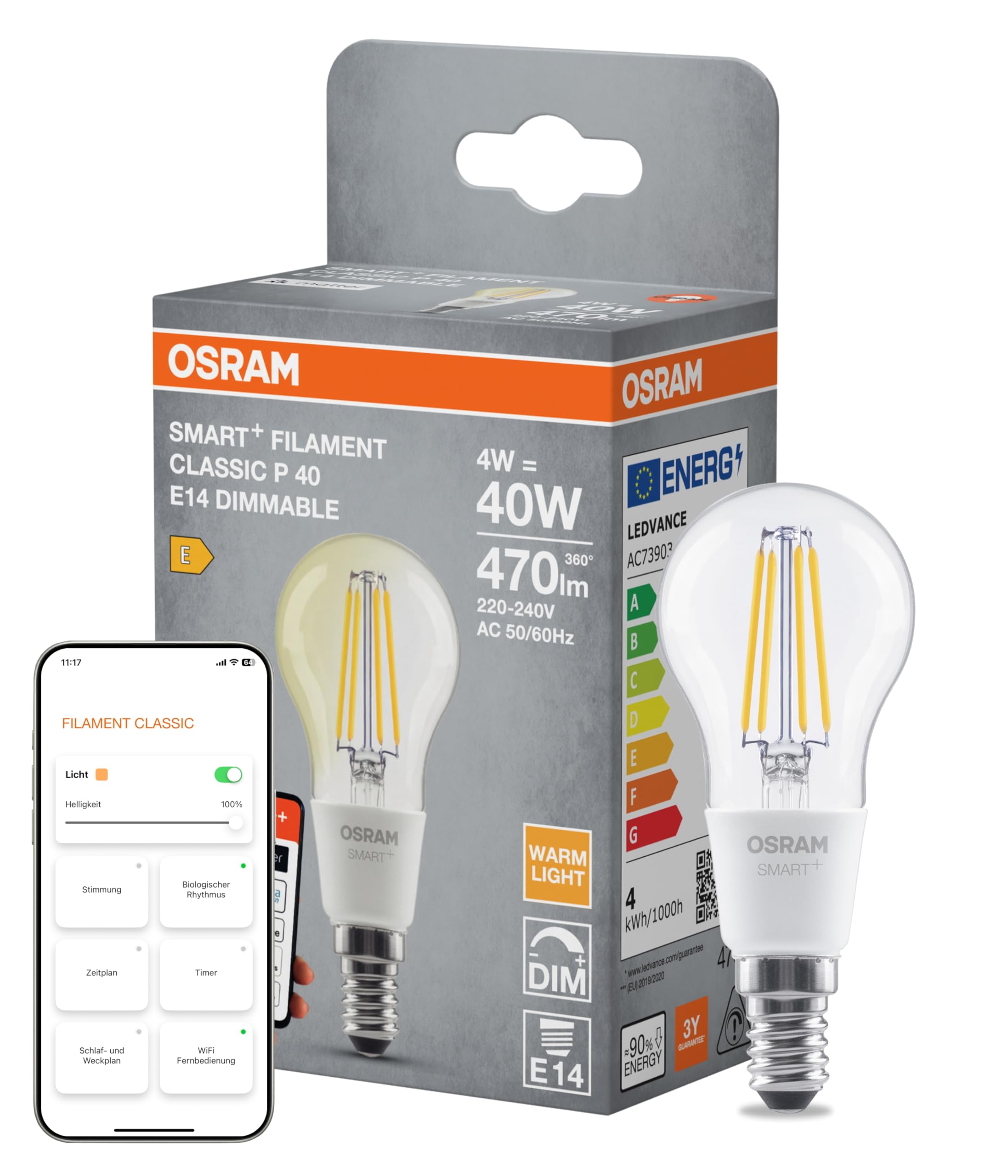 Osram SMART+ MATTER Filament Classic shapes Dimmable in P-Form, LED-Lampe, Bleifreies Glas, Klar, 4 W, 470 lm, warmweiß, 2700 K, Matter, Smartspeaker-Kompatibel, Dimmbar