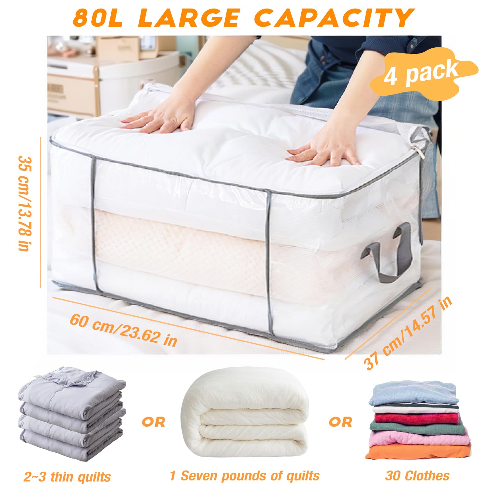 80L Clothes Storage Bags, 4 Pack Large Clear Capacity Clothes Organizer with Zips, Moisture proof - Image 2