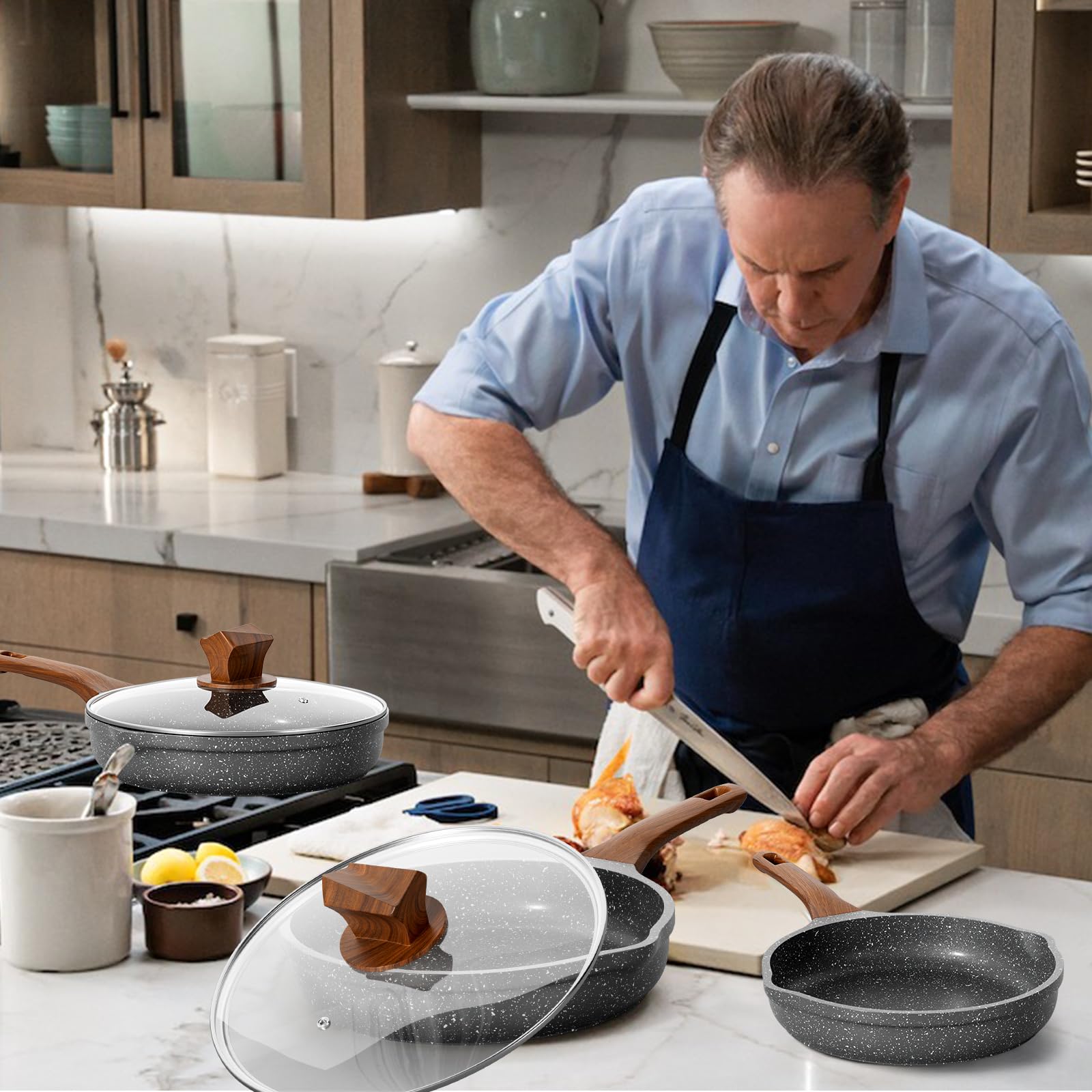 RIOVARM Induktion Bratpfannen Set Antihaft Pfannenset 20 cm 24 cm 28 cm Granit Omelett Pfanne ohne PFOA Marmor Kochgeschirr-Set mit hitzebeständigem Griff Geeignet für verschiedene Herdarten