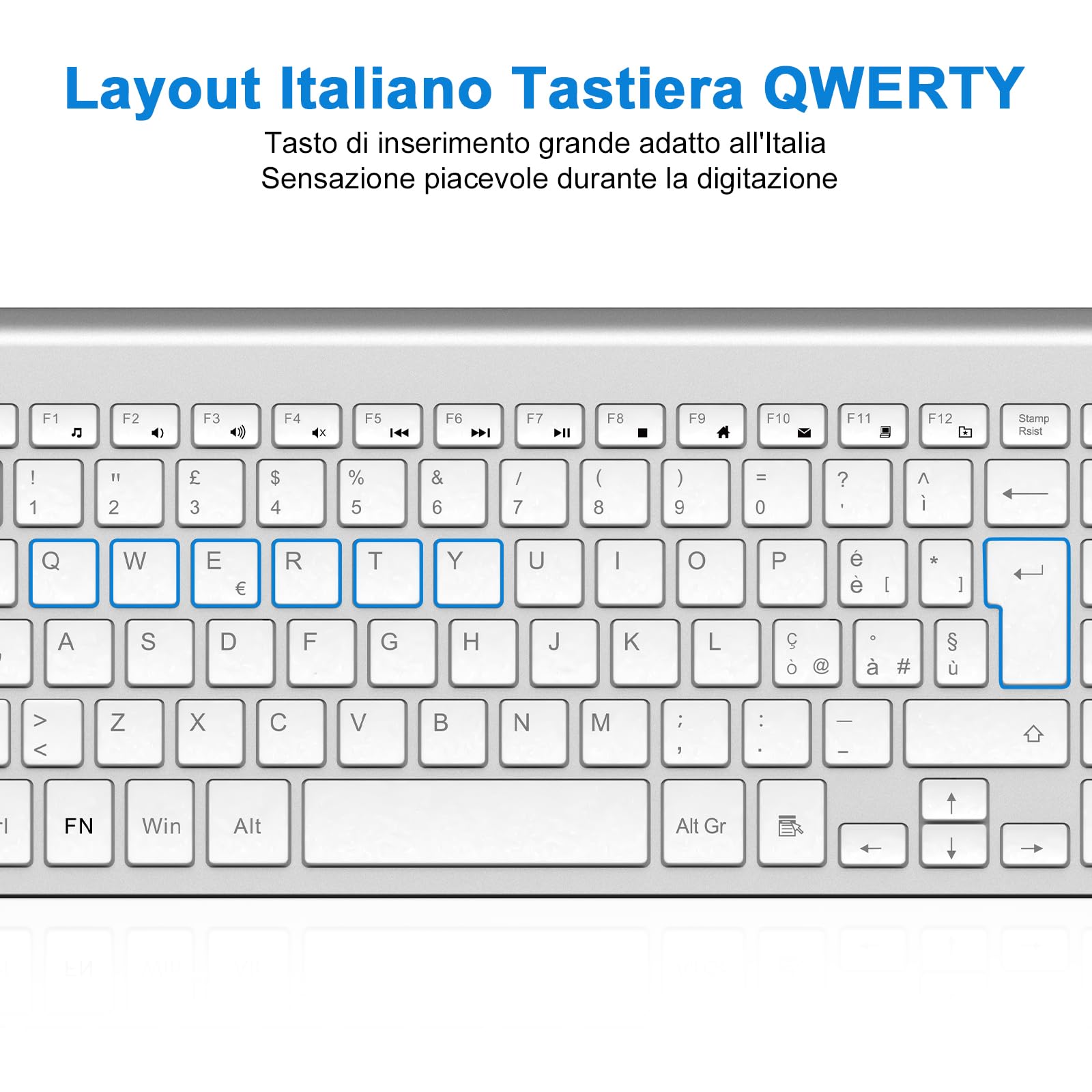 cimetech Tastiera wireless, Layout Italiano QWERTY, 2.4G tastiera USB per computer con tastierino numerico e tasti ergonomici per computer, PC, laptop, tablet, desktop, Android Smart TV (argento)