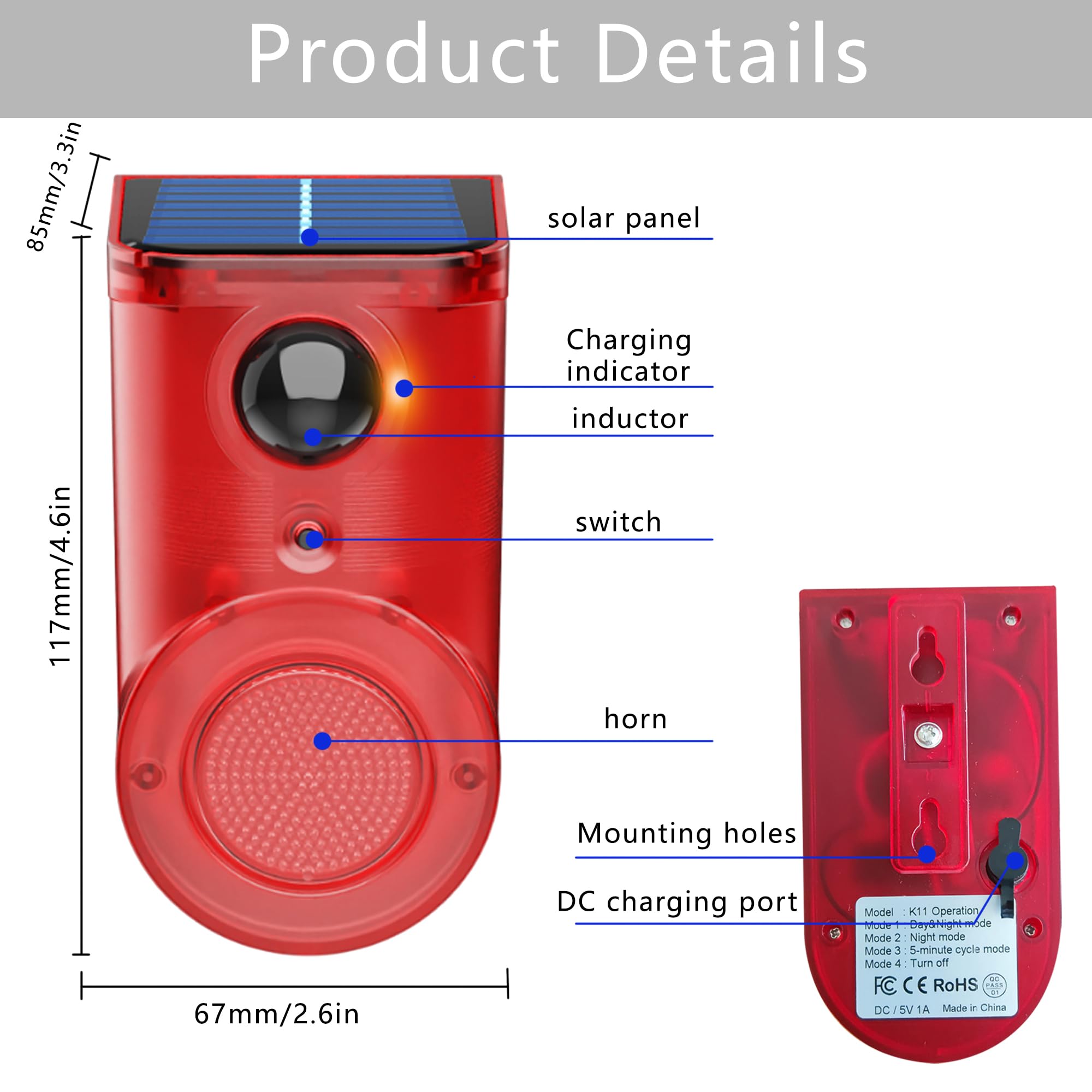 Solar Sensor de Movimiento para Exteriores: 110 Deb Four Sander, 6 LEZ, Flashwinningstrob, Alam Sistum, Laudermotien, Detketo, Noismek. (K11-4)
