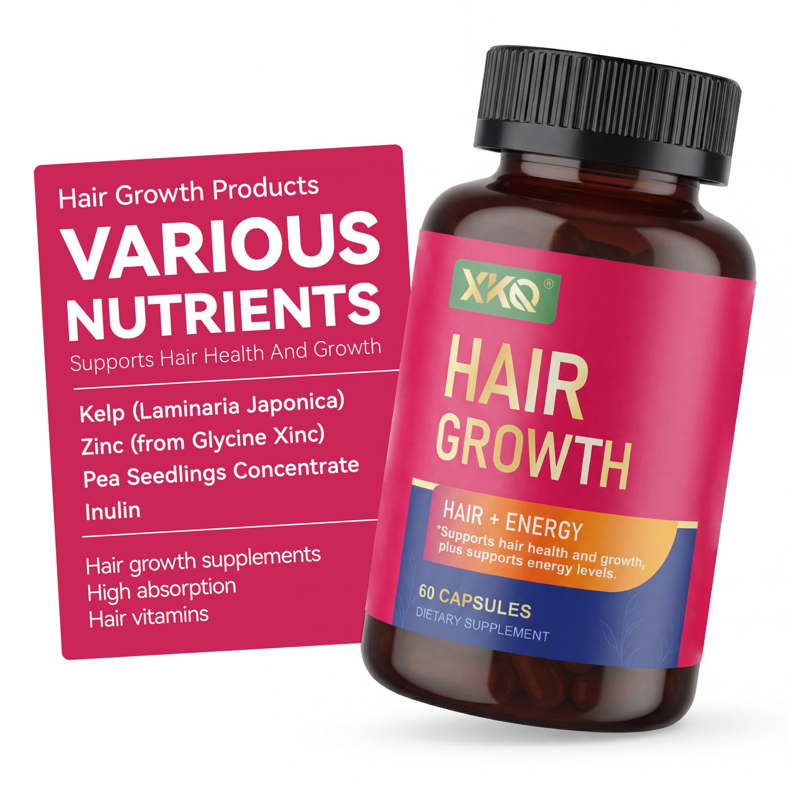 XKQ Hair Growth Supplements for Men & Women – Hair Skin and Nails Supplement with Biotin, Zinc & Kelp – 60 Capsules, Once Daily – Clean, Gluten-Free Formula