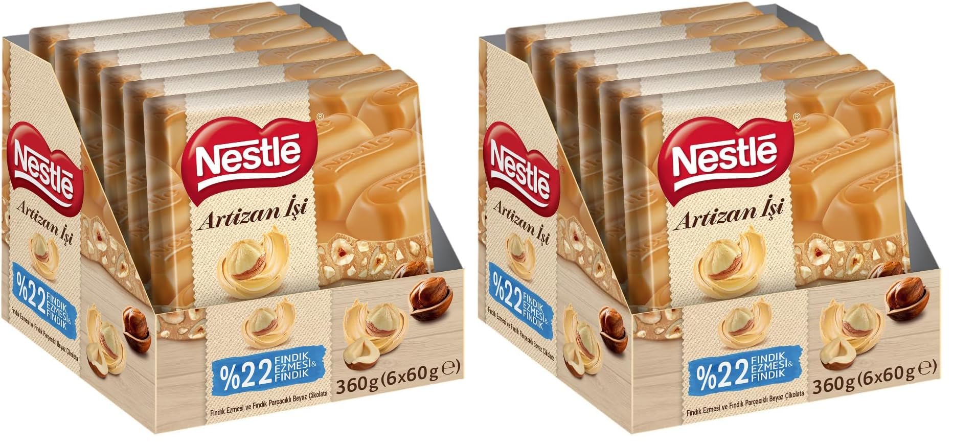 Nestlé Artizan İşi Fındıklı ve Fındık Ezmeli Beyaz Çikolata 60 Gram x 6 (2 paketi)