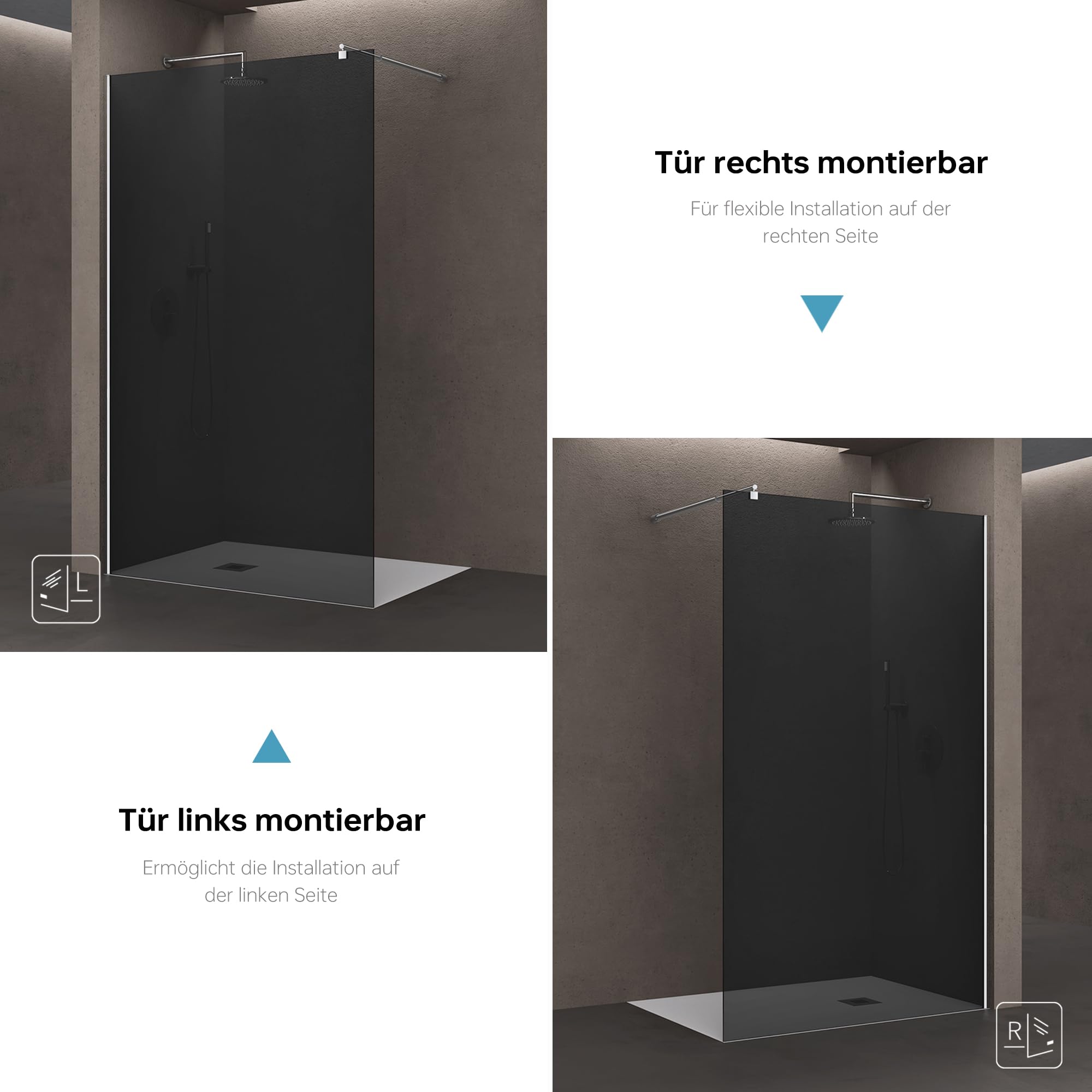 doporro Paroi de Douche Pare-Douche Verre de Securite Gris Teinté 8mm Douche à L'Italienne Barre de Stabilisation Inox Bremen1VG 130x200cm