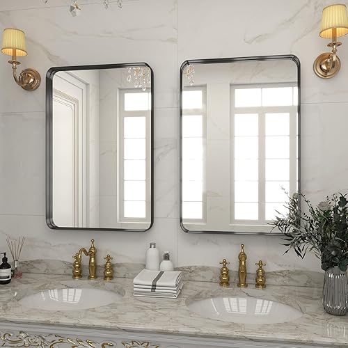 Miniatura 6 de Espejo de baño de 20 x 30 pulgadas, hermoso espejo de pared de marco profundo, moderno espejo de tocador de baño de esquina redonda para dormitorio,