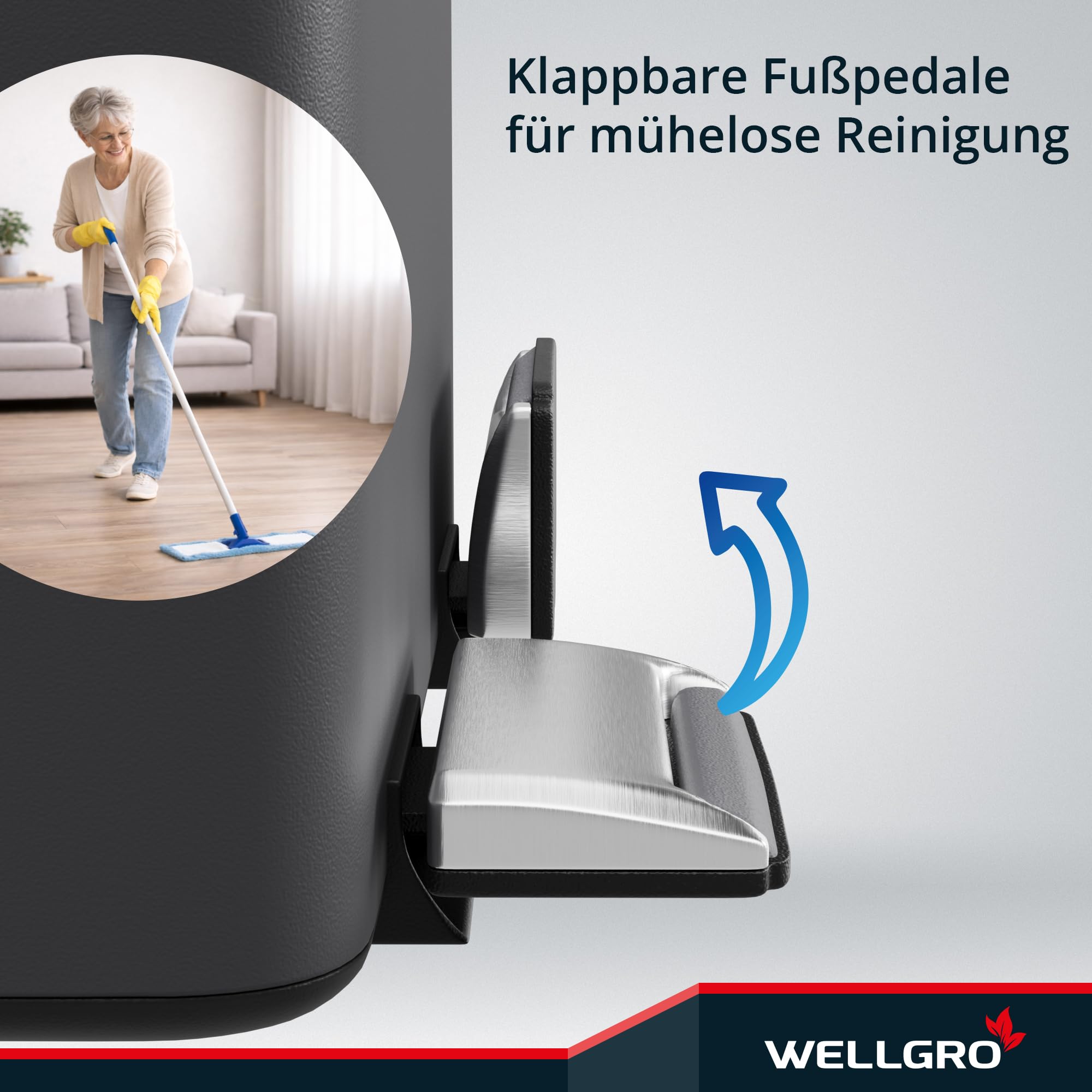 WELLGRO Mülleimer Küche 30 Liter – Edelstahl Treteimer 2x15 Liter grau mit Softclose-Deckel, Mülltrennsystem mit 2 Fächern und Kunststoff-Inneneimern