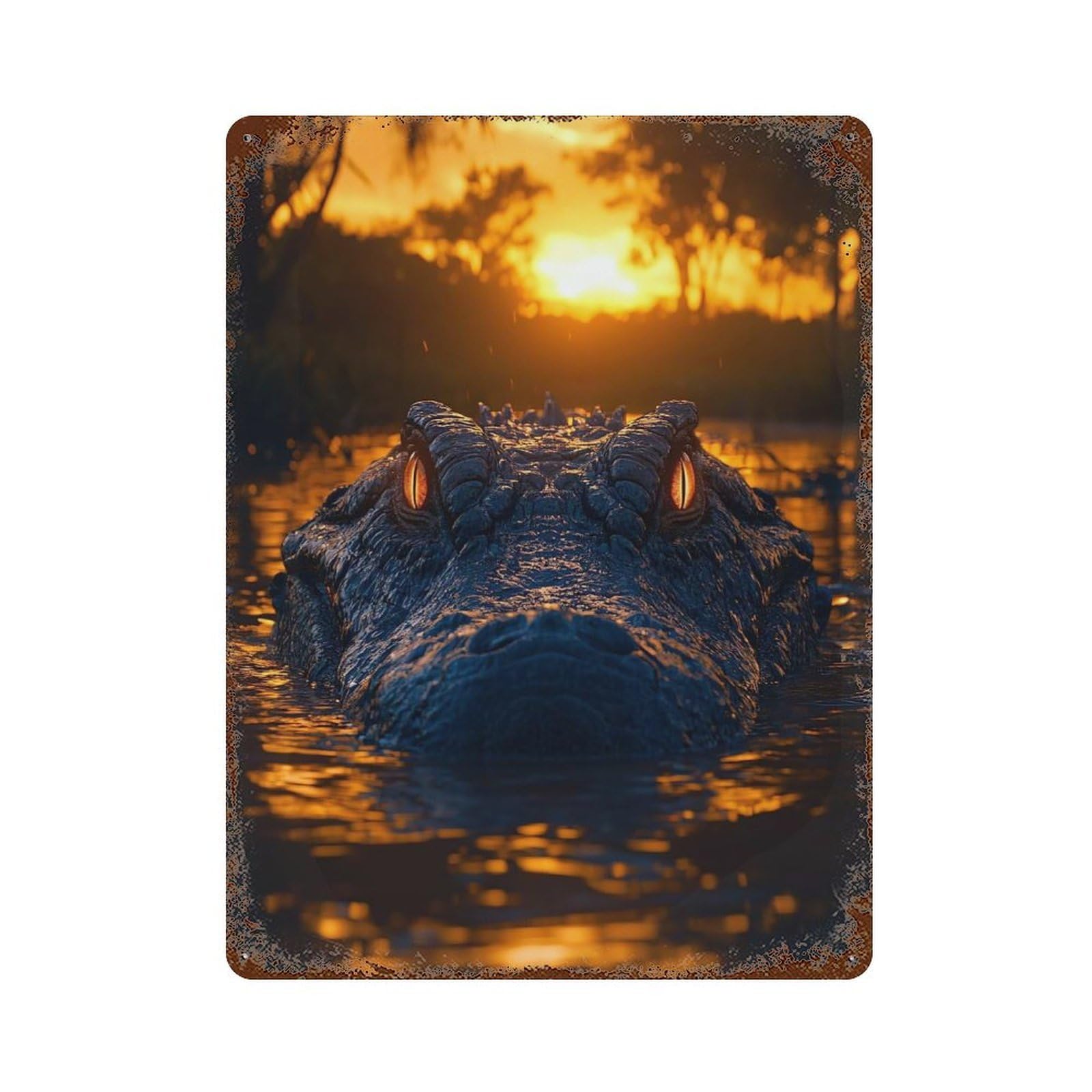 Rust Effect Alligator in Water at Sunset Rusty Metal Tin Sign 15.7"x11.8", Farmhouse Wall Decor for Cafe, Home Bar And Lounge Decor