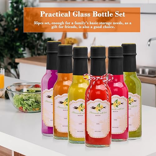 Vista 33 de Encheng Paquete de 35 botellas de salsa picante de 5 onzas con tapas, botellas de vidrio Woozy con insertos de gotero y cápsulas retráctiles, Negro