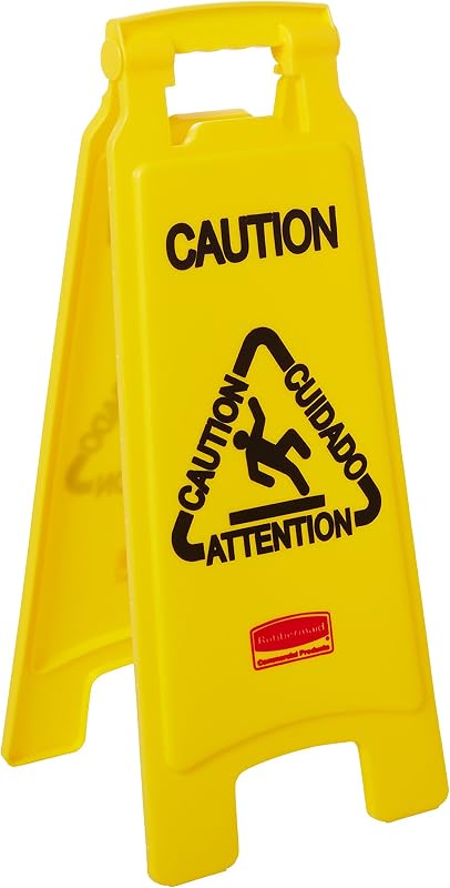 Rubbermaid Commercial Products Multilingual Caution Sign, 26-Inch, Yellow, 2-Sided, High Visibility Floor Warning Sign for Office/Restroom/Restaurant/School/Business/Hospital/Distribution Facility