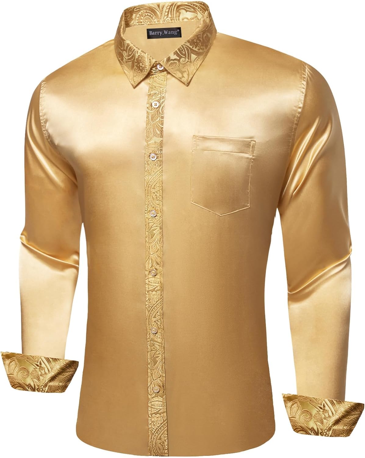 Barry.Wang Mens Satin Silk Shirts Long Sleeve Designer Dress Shirt Shiny Untucked Casual Button Down Shirt Party Disco Formal