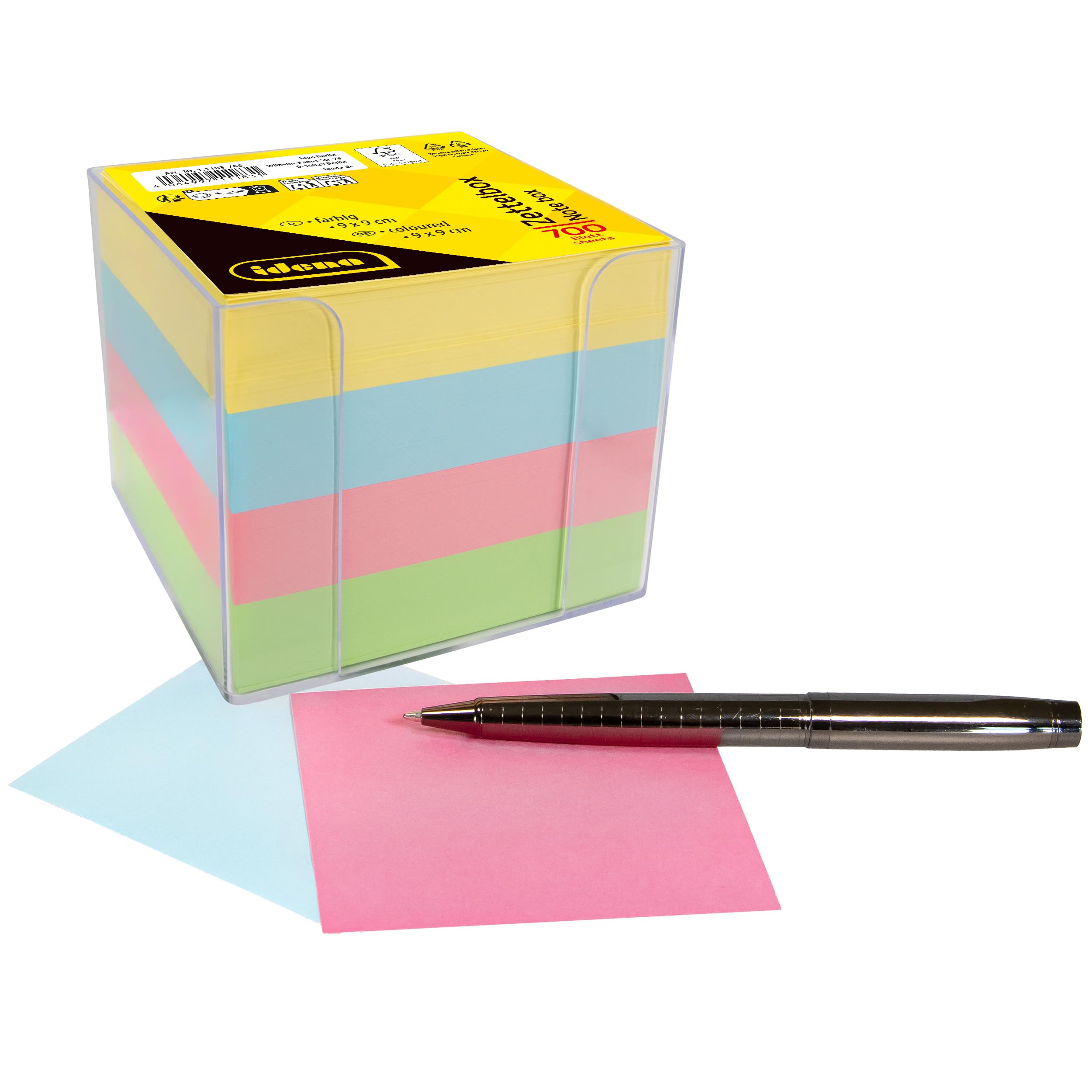 Idena 11183 - Pudełko na notatki, przezroczyste, 9 x 9 x 8 cm, z notatnikiem na 700 kartek, papier FSC-mix w 4 kolorach